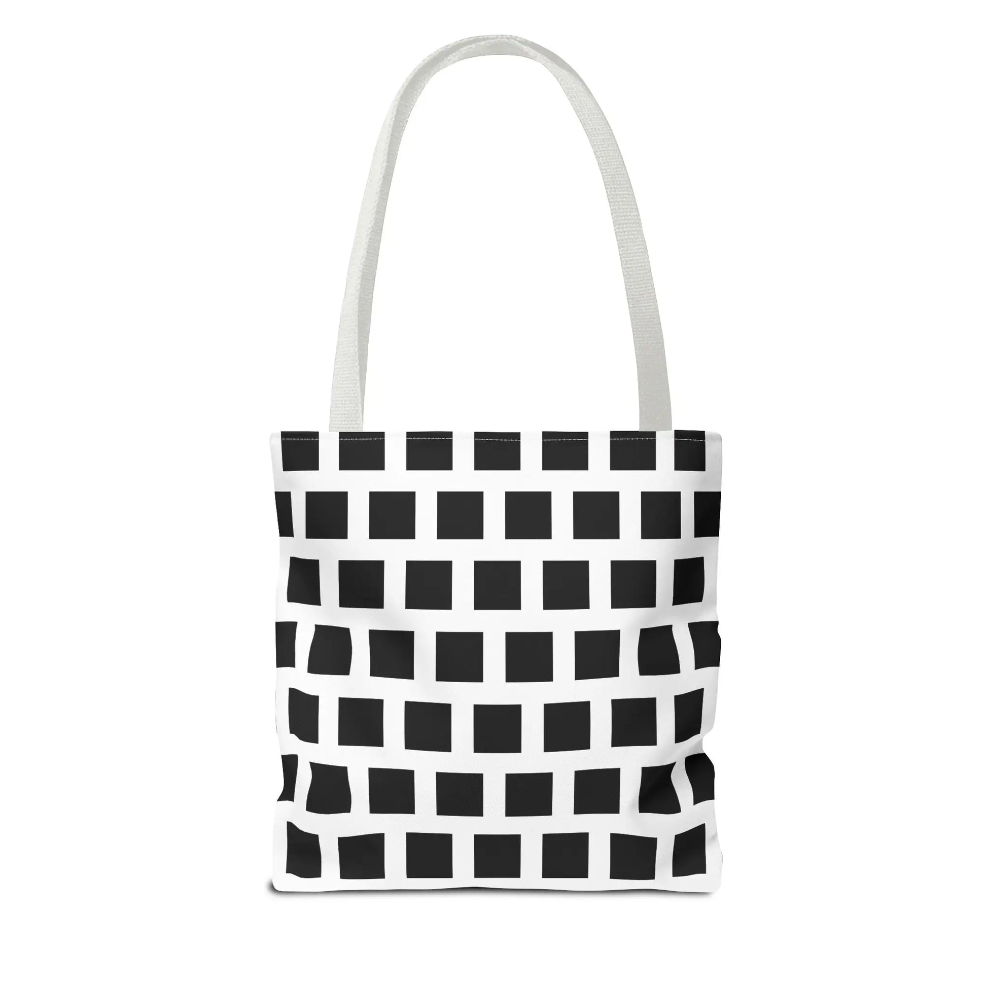 White canvas tote bag with black square pattern and matching white handles for versatile shoulder use