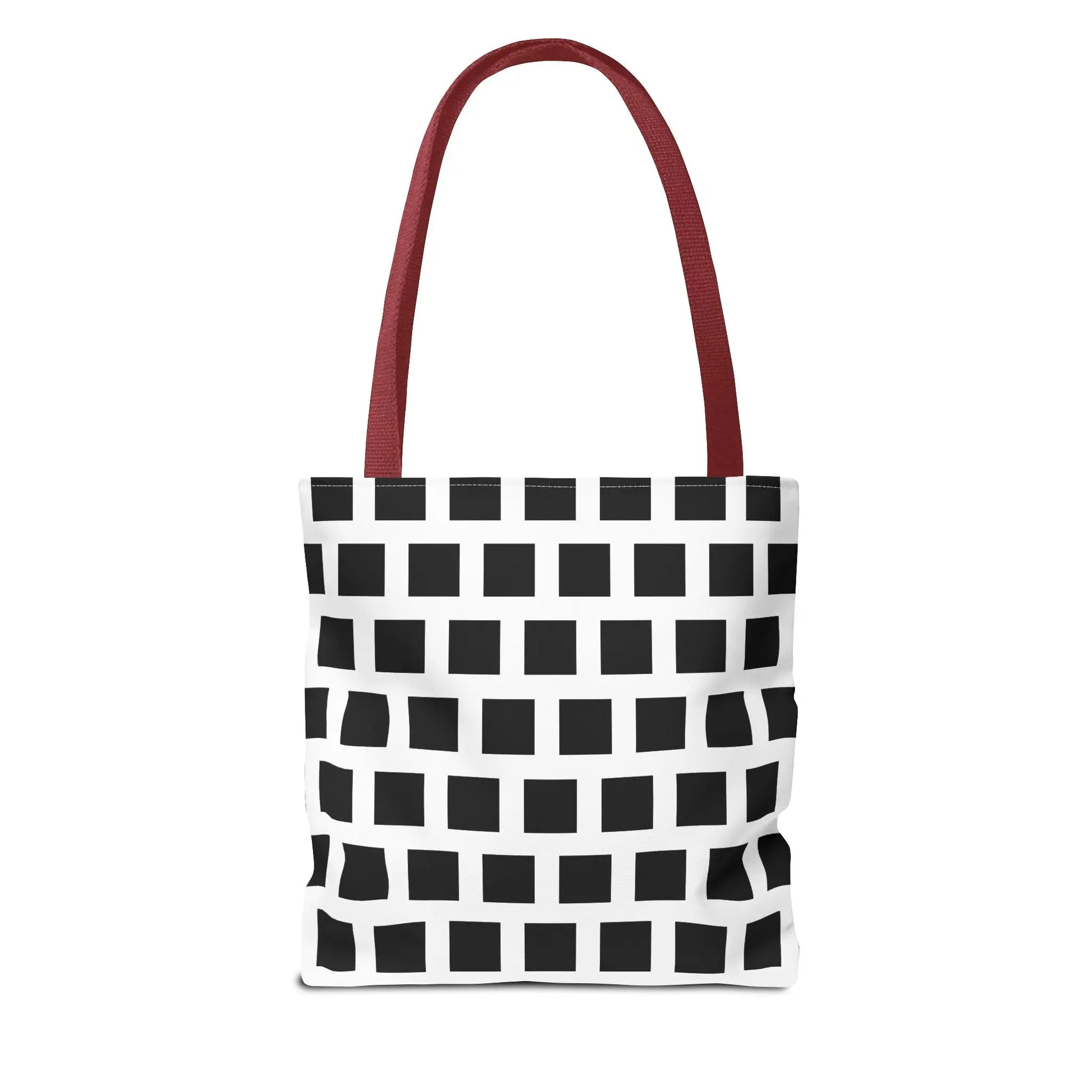 White tote bag with black square pattern and red fabric handles versatile and durable shoulder bag