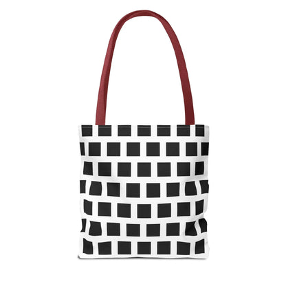 White tote bag with black square pattern and red fabric handles versatile and durable shoulder bag