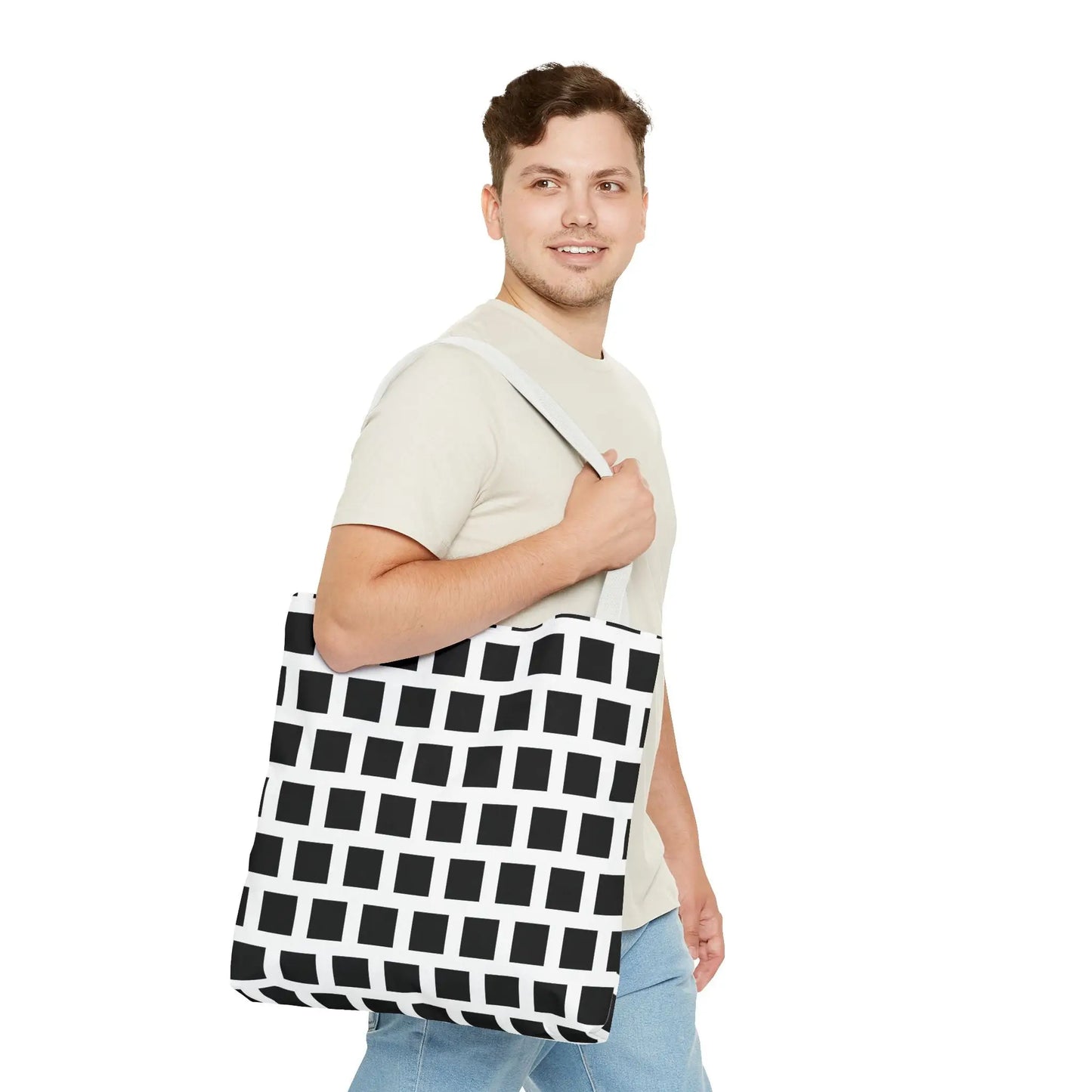 Black and white canvas tote bag with a durable black square pattern perfect for versatile everyday use