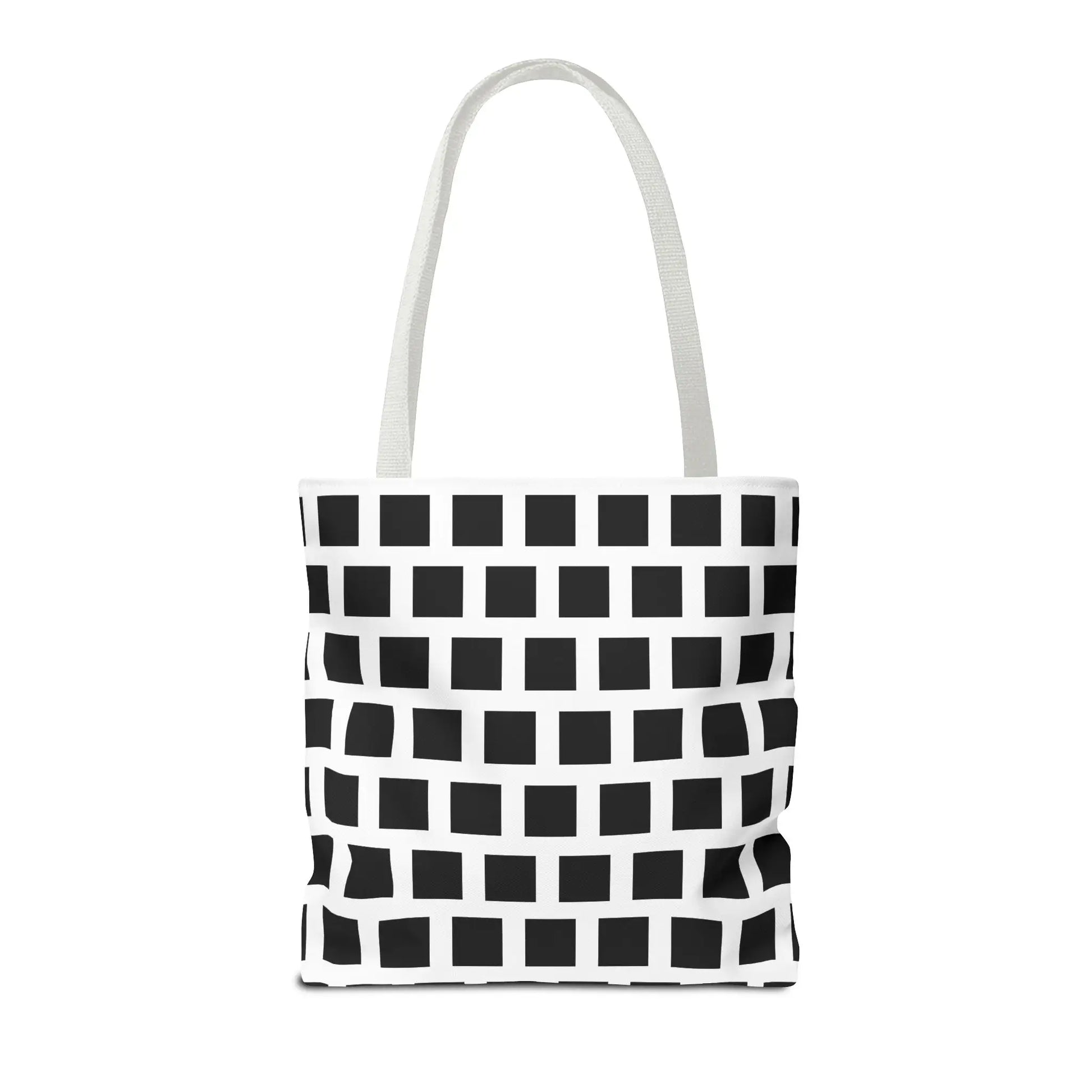 White canvas tote bag with black square pattern and matching white handles for versatile shoulder use