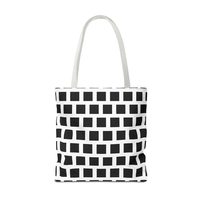 Black and white canvas tote bag with black square pattern and matching handles for versatile daily use