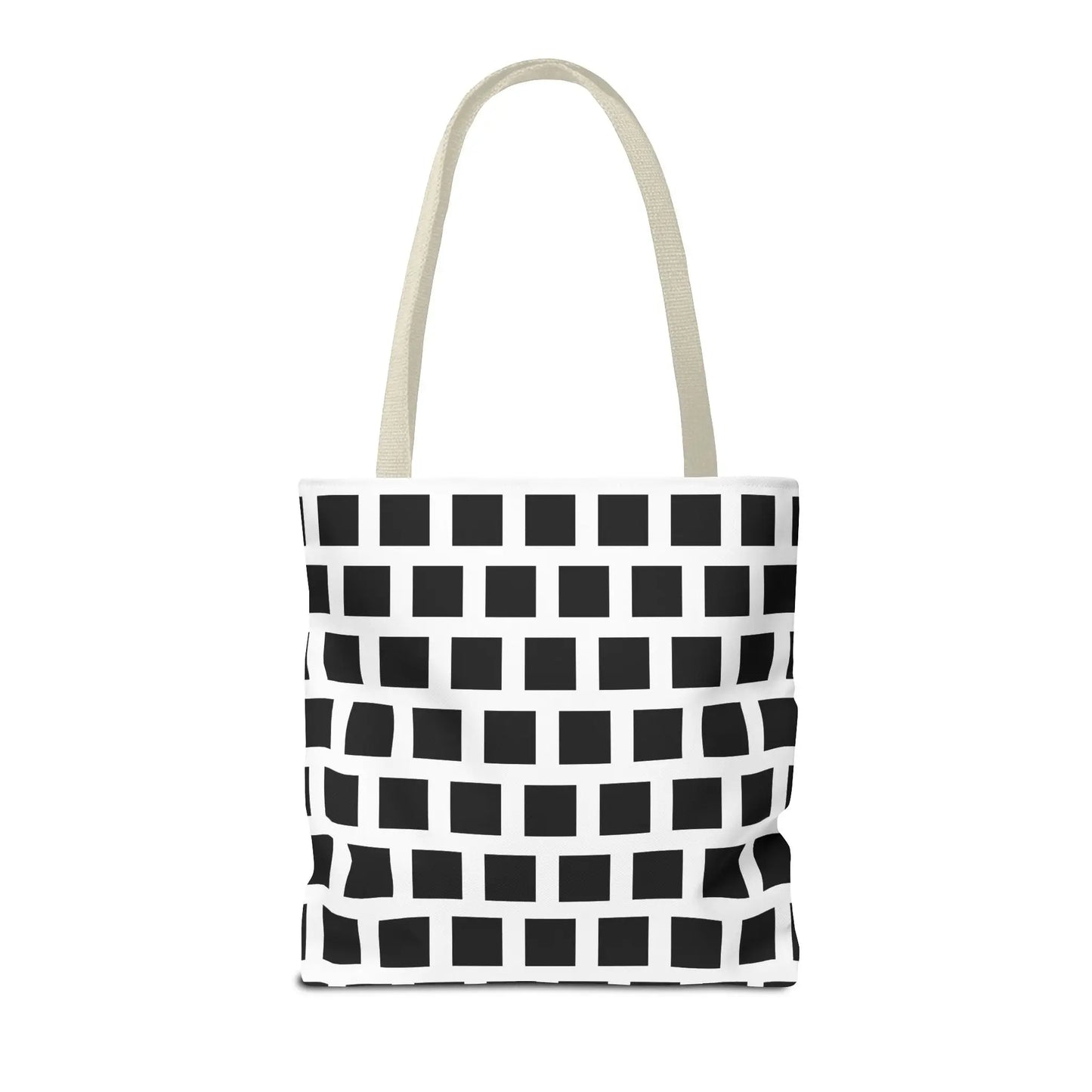 White canvas tote bag with black square pattern and off-white fabric handles for versatile shoulder use