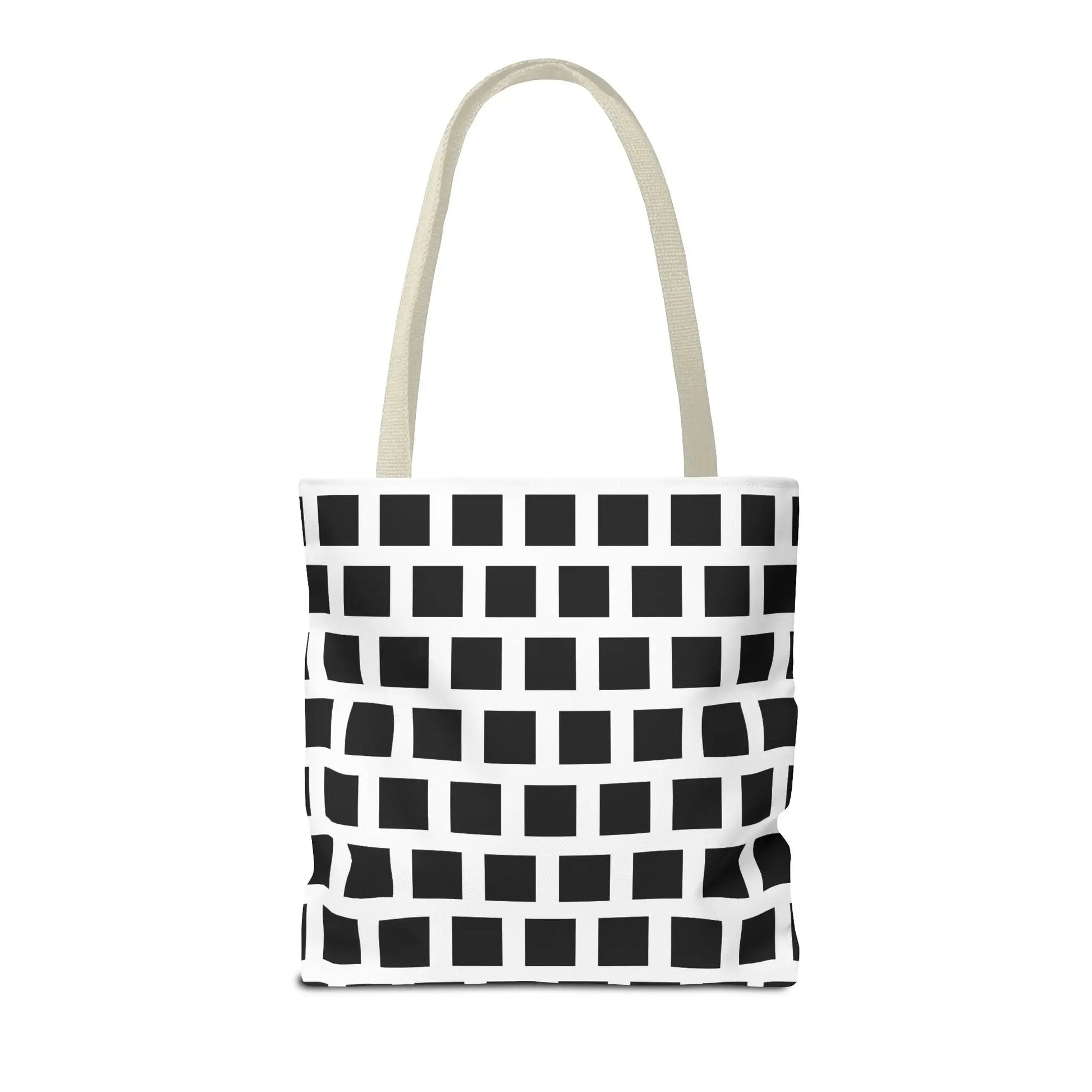 White canvas tote bag with black square pattern and off-white fabric handles for versatile shoulder use