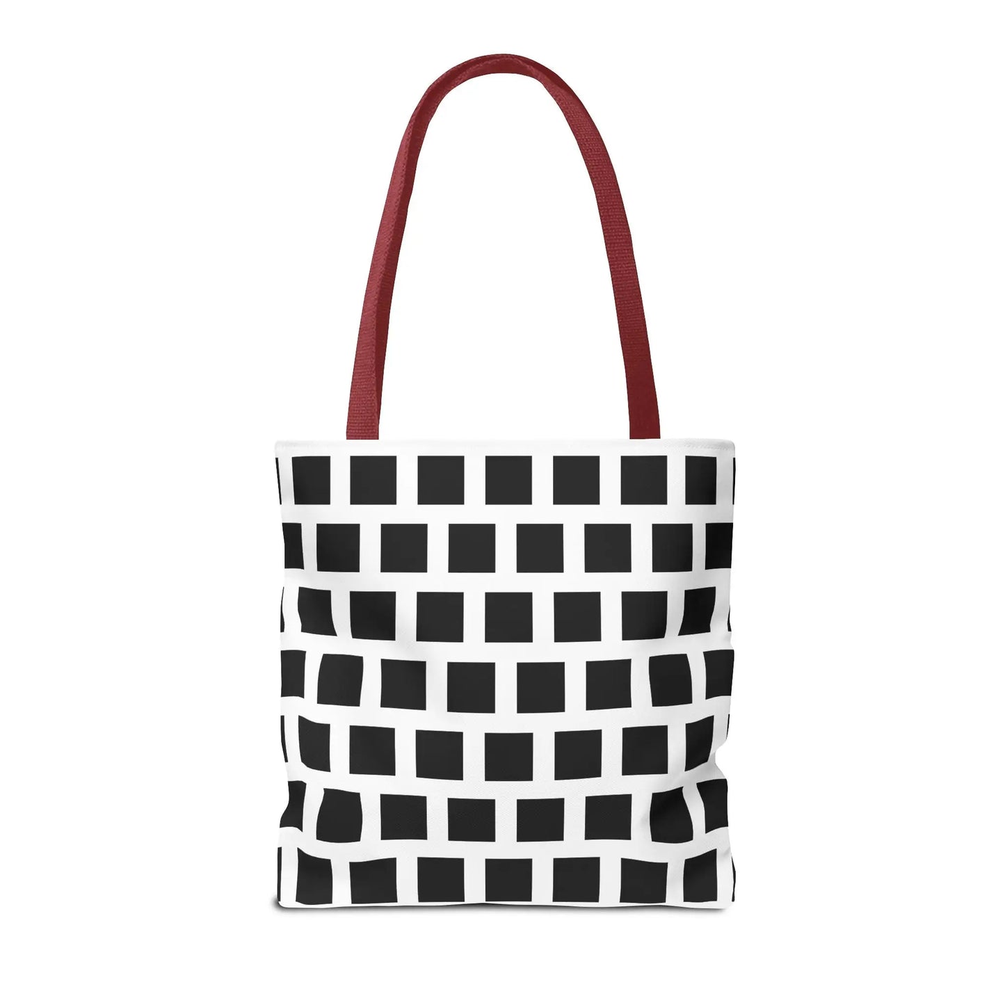 White tote bag with black square pattern and red fabric handles versatile and durable shoulder bag