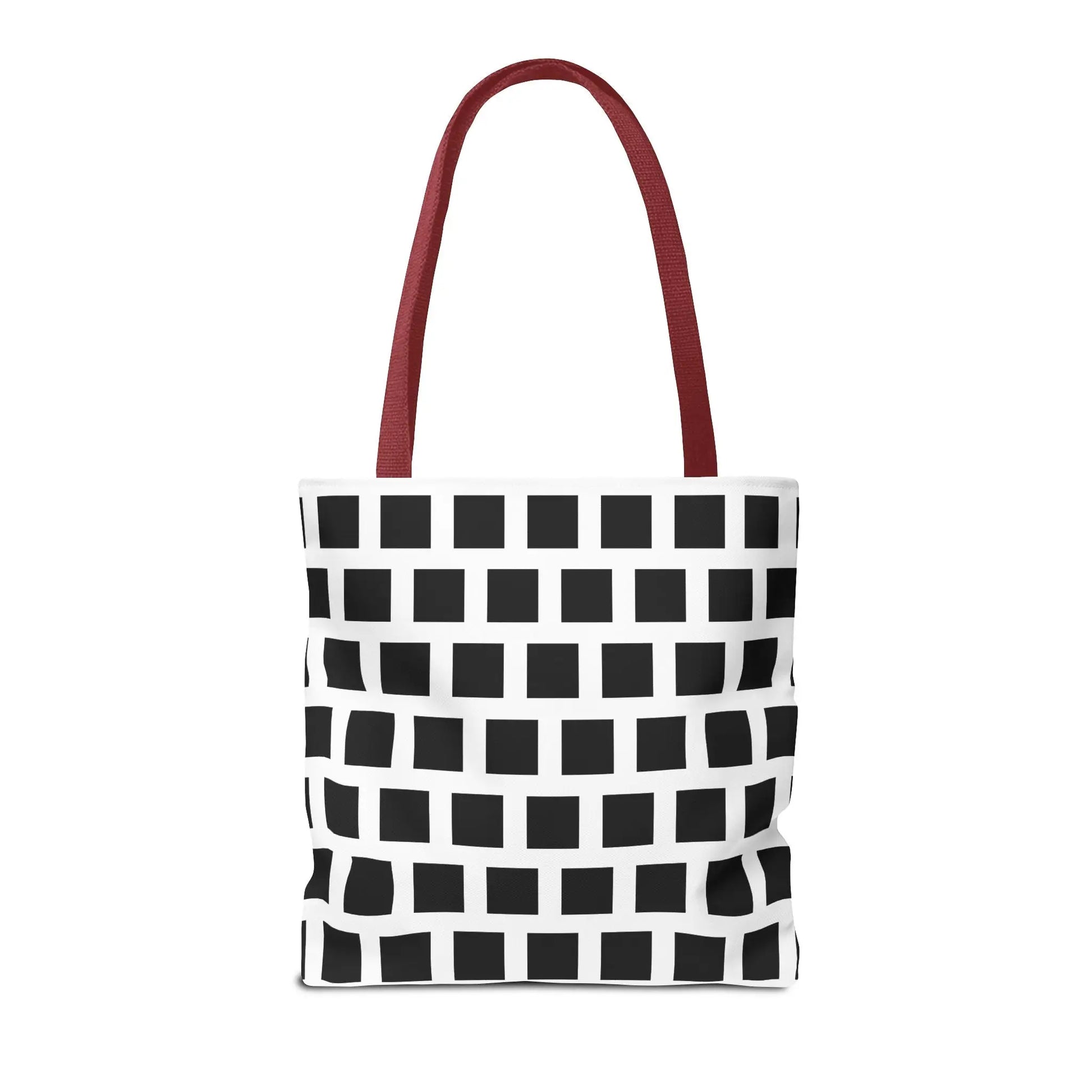 White tote bag with black square pattern and red fabric handles versatile and durable shoulder bag