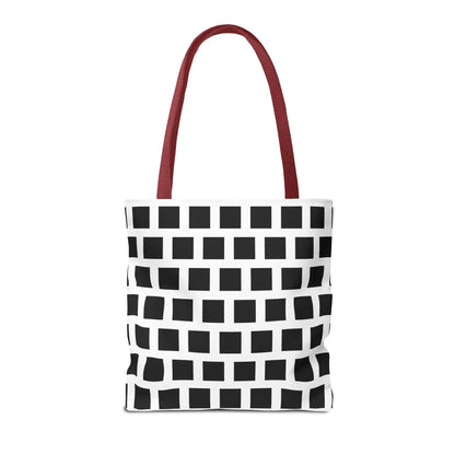 White tote bag with black square pattern and red fabric handles versatile and durable shoulder bag