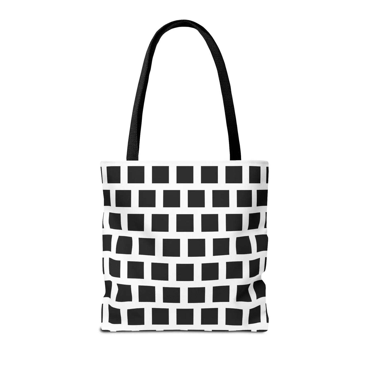Black square pattern canvas tote bag with black fabric handles versatile and durable shoulder bag