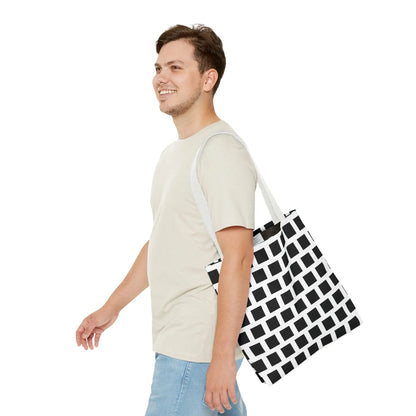 Black and white canvas tote bag with black square pattern featuring a minimalist geometric design for versatile use