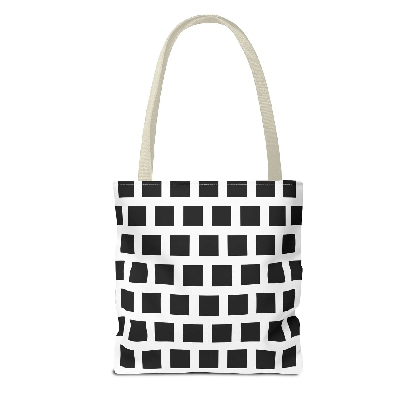 White canvas tote bag with black square pattern and cream handles versatile and durable shoulder bag