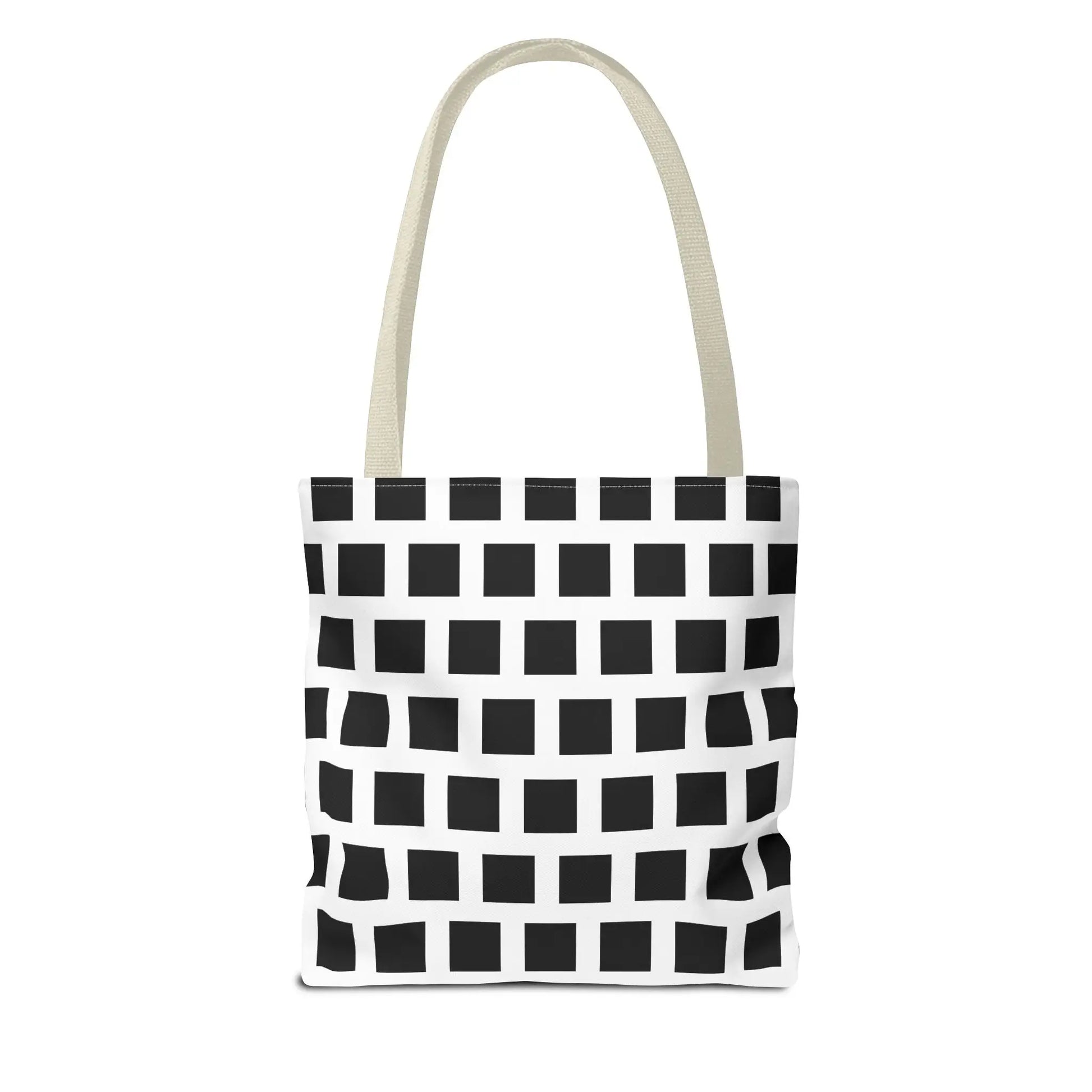 White canvas tote bag with black square pattern and cream handles versatile and durable shoulder bag