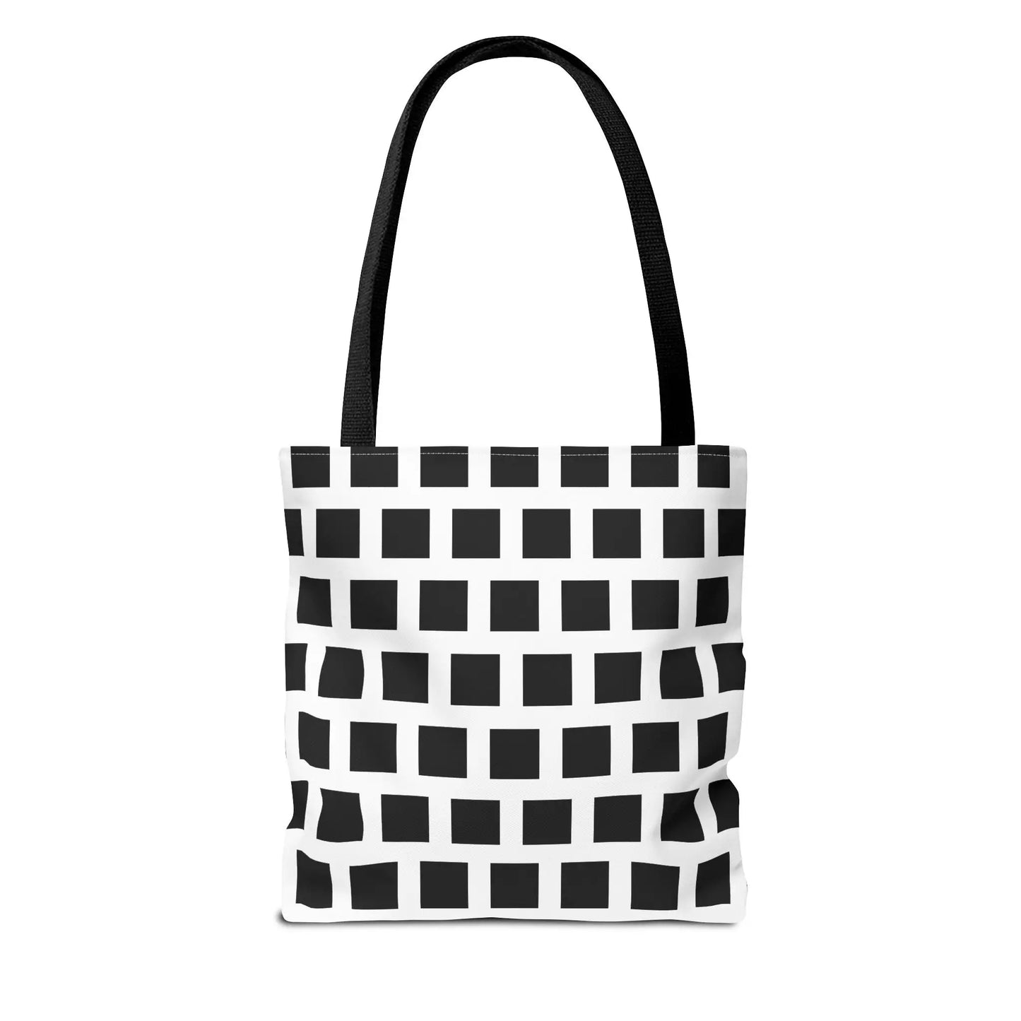 Black and white woven fabric tote bag with black square pattern and sturdy straps for versatile shoulder use
