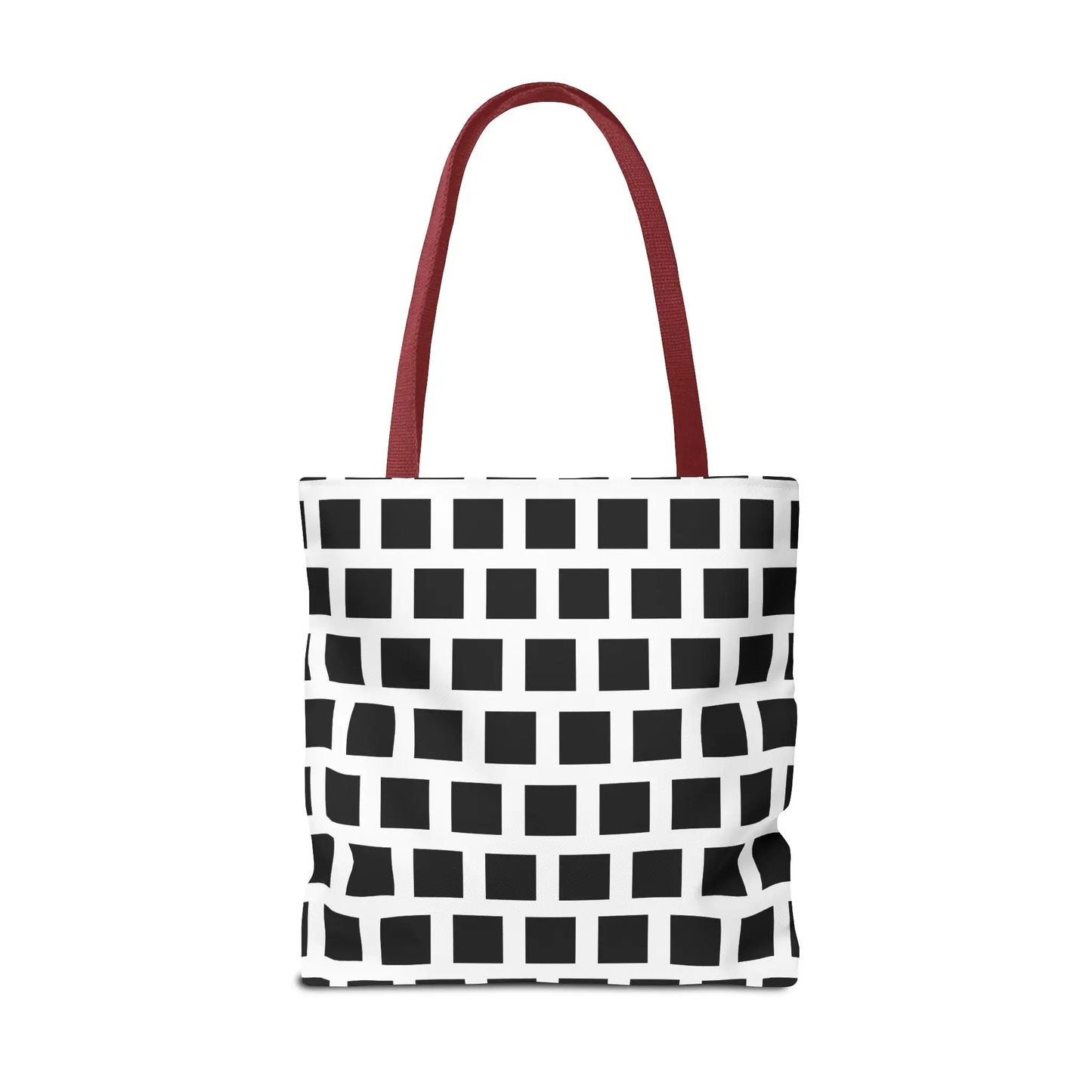 White tote bag with bold black square pattern and red fabric handles versatile and durable shoulder bag