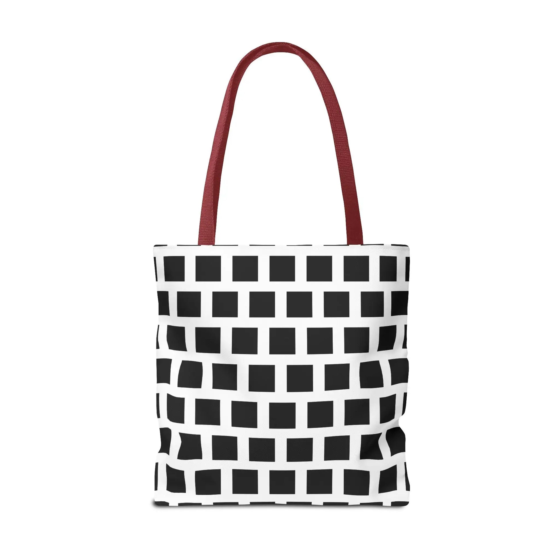White tote bag with bold black square pattern and red fabric handles versatile and durable shoulder bag