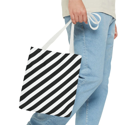 Black and White Diagonal Striped Tote Bag - Tote Bag