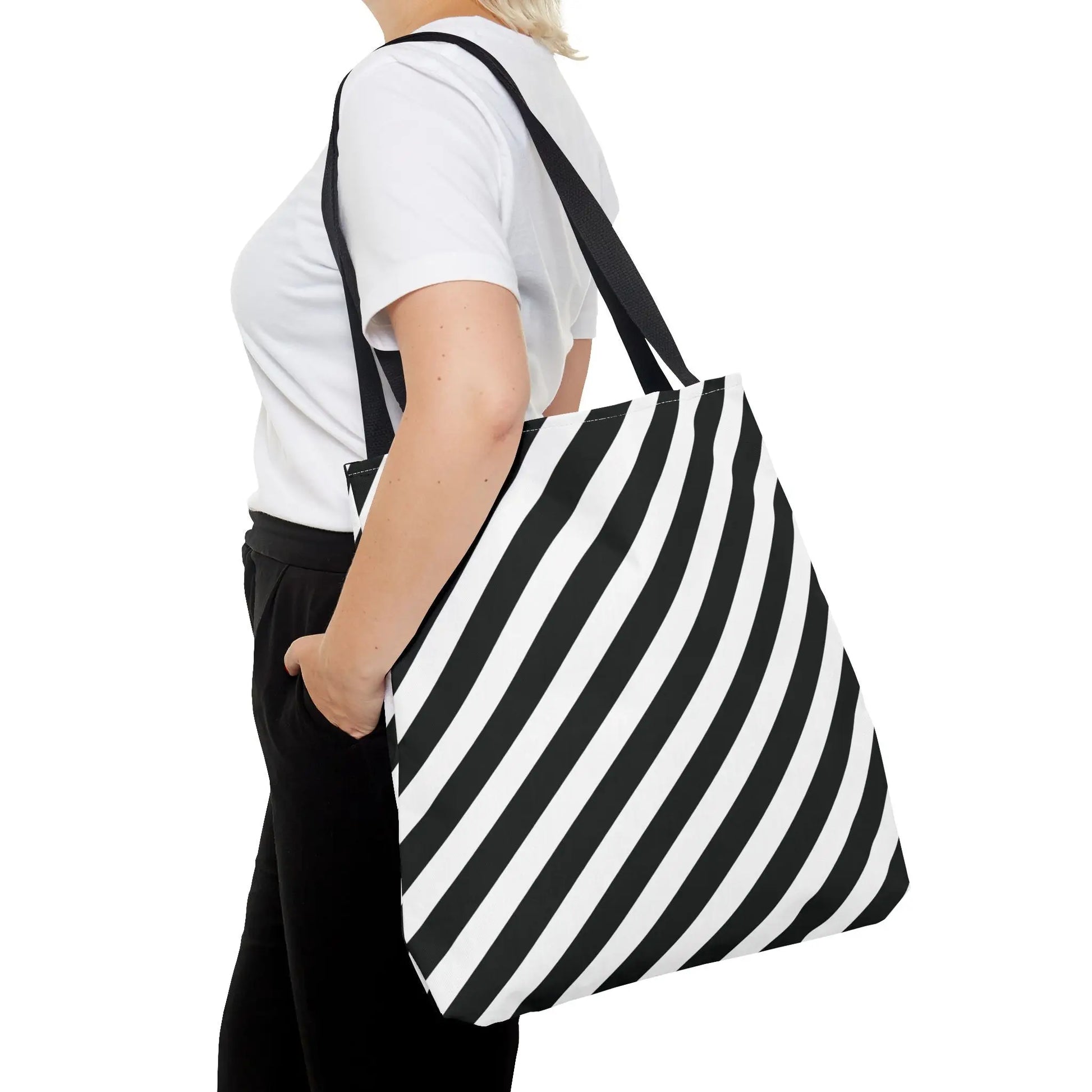 Black and White Diagonal Striped Tote Bag - Tote Bag