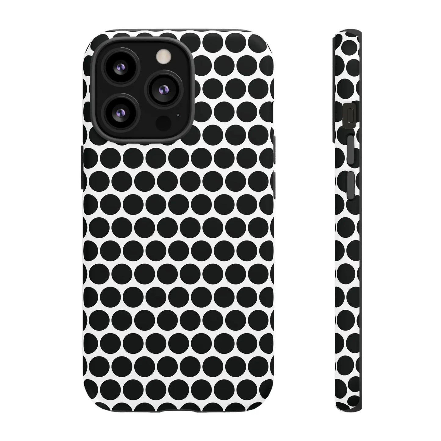 Black white dot pattern tough phone case with sleek modern design showing back side for iphone samsung google