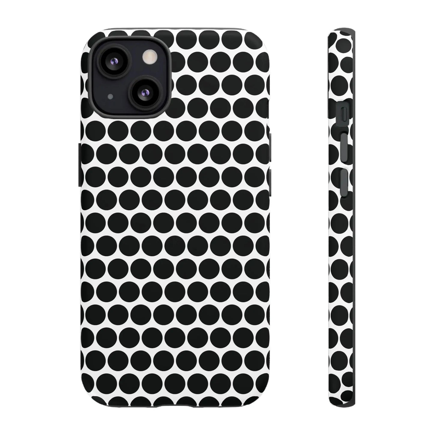 Black white dot pattern tough phone case with sleek modern design shown from the back for iphone samsung google