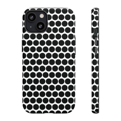 Black white dot pattern tough phone case with sleek modern design shown from the back for iphone samsung google