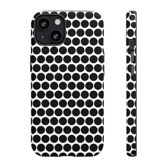 Black white dot pattern tough phone case with sleek modern design shown from the back for iphone samsung google