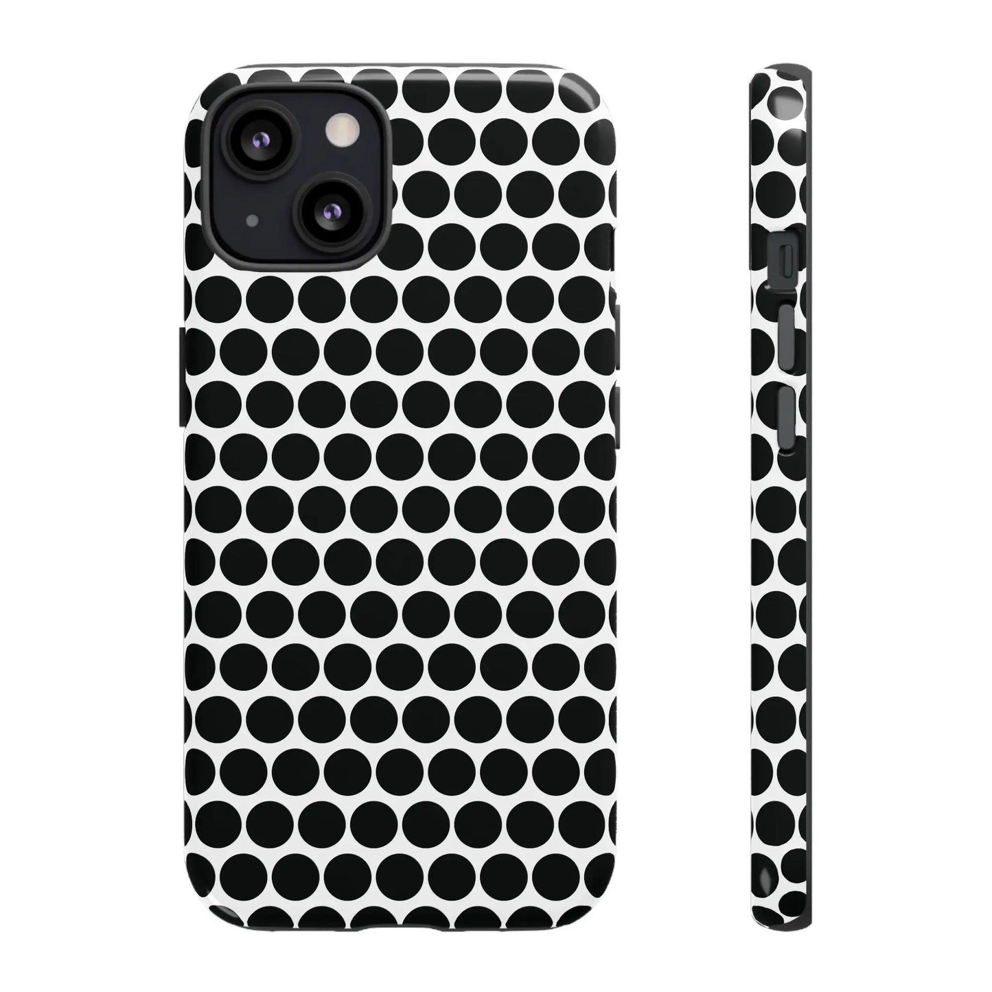 Black white dot pattern tough phone case with sleek modern design shown from back side for iphone samsung google