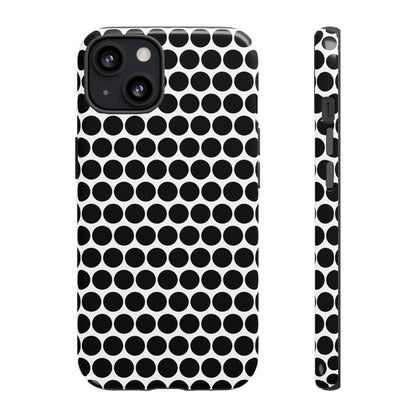 Black white dot pattern tough phone case with sleek modern design shown from back side for iphone samsung google