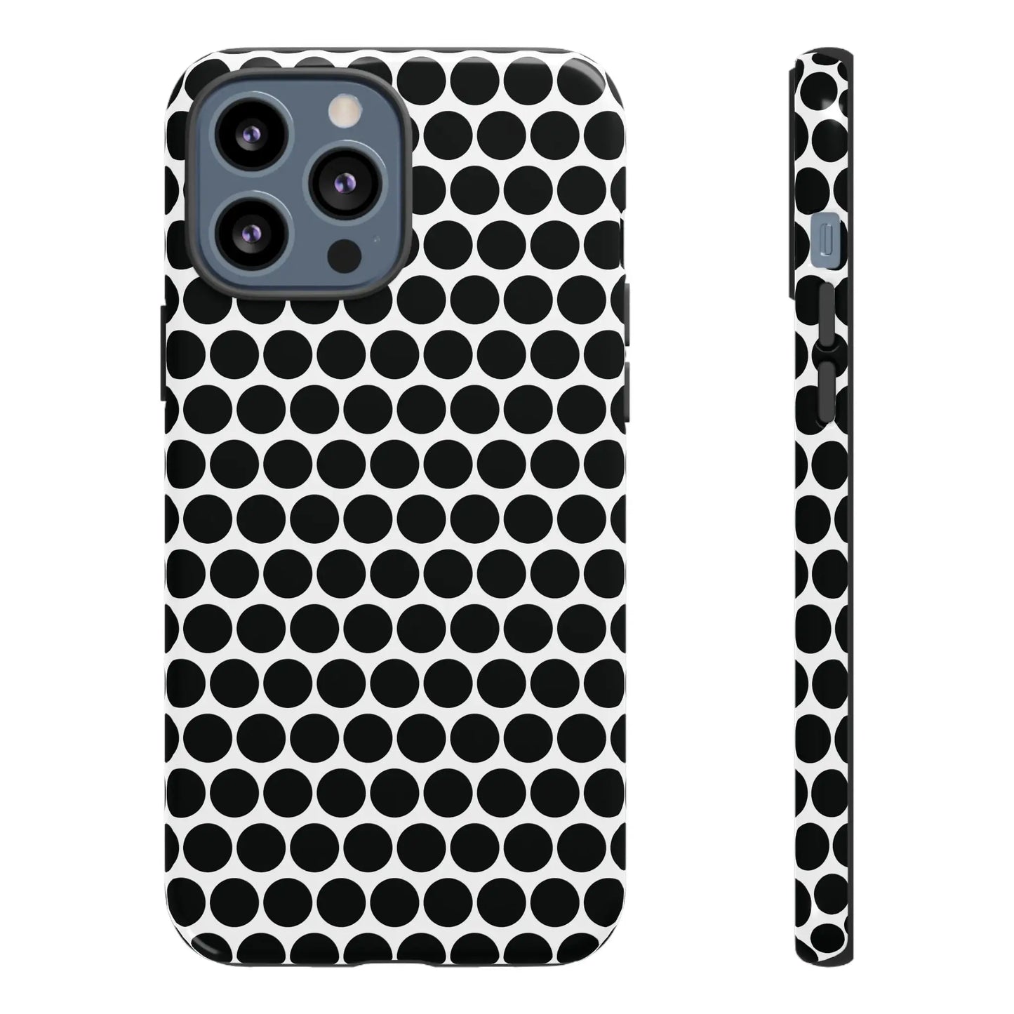 Black white dot pattern tough phone case with sleek modern design shown from the back for iphone samsung google