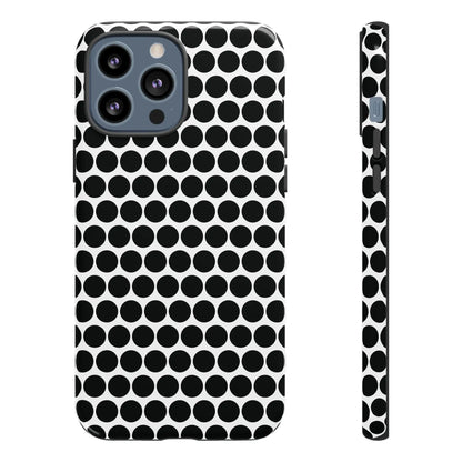 Black white dot pattern tough phone case with sleek modern design shown from the back for iphone samsung google