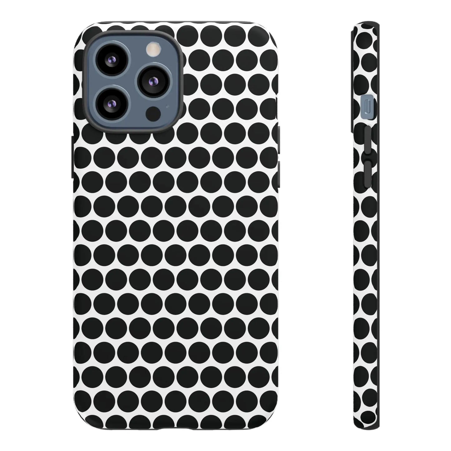 Black white dot pattern tough phone case with sleek modern design shown from the back for iphone samsung google