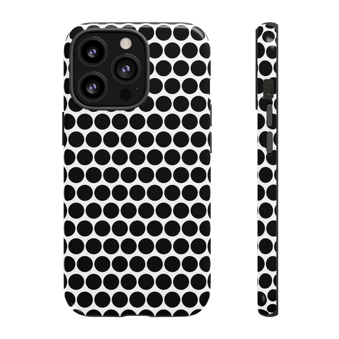 Black white dot pattern tough phone case with sleek modern design shown from the back for iphone samsung google
