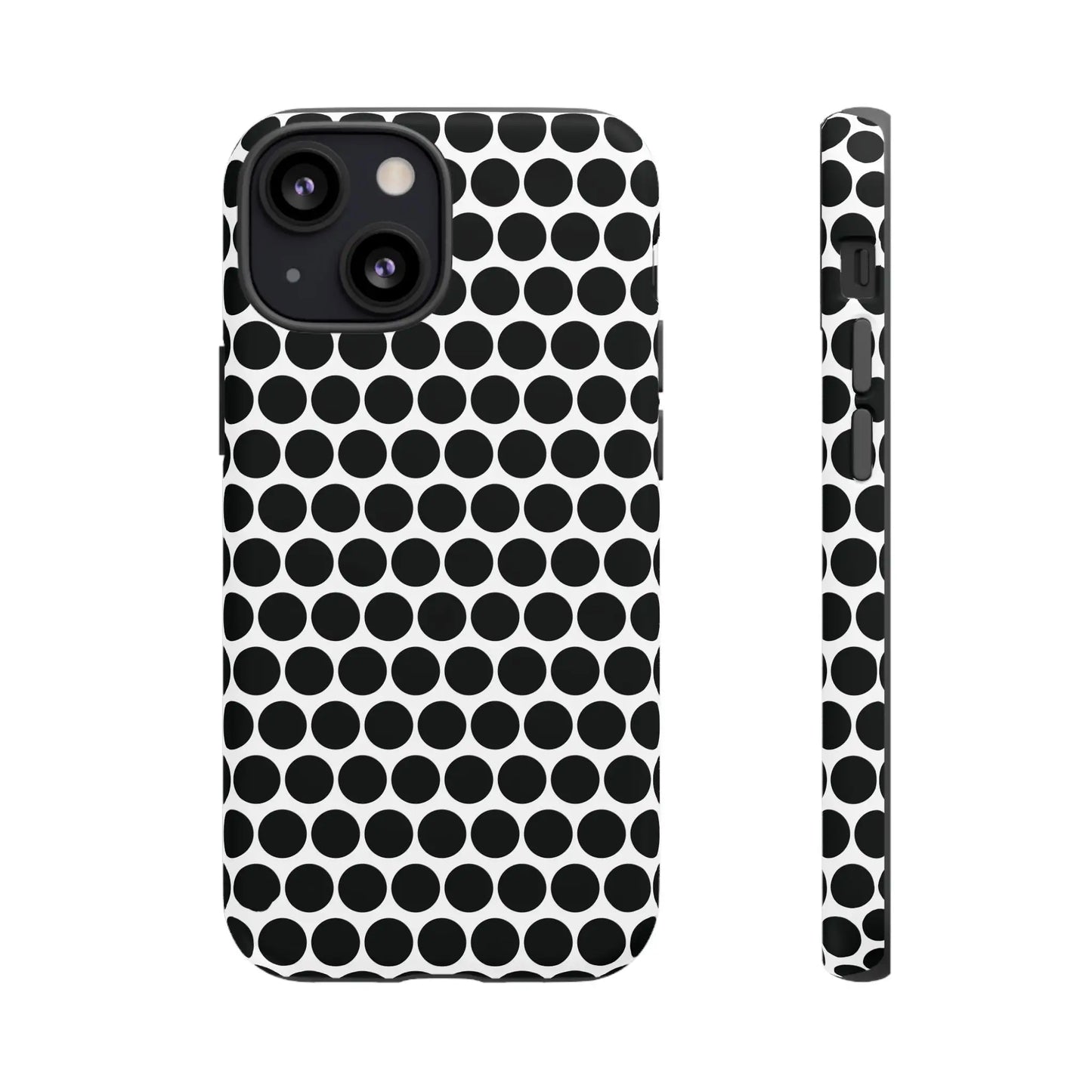 Black and white dot pattern tough phone case with sleek modern design shown from back side for iphone samsung google