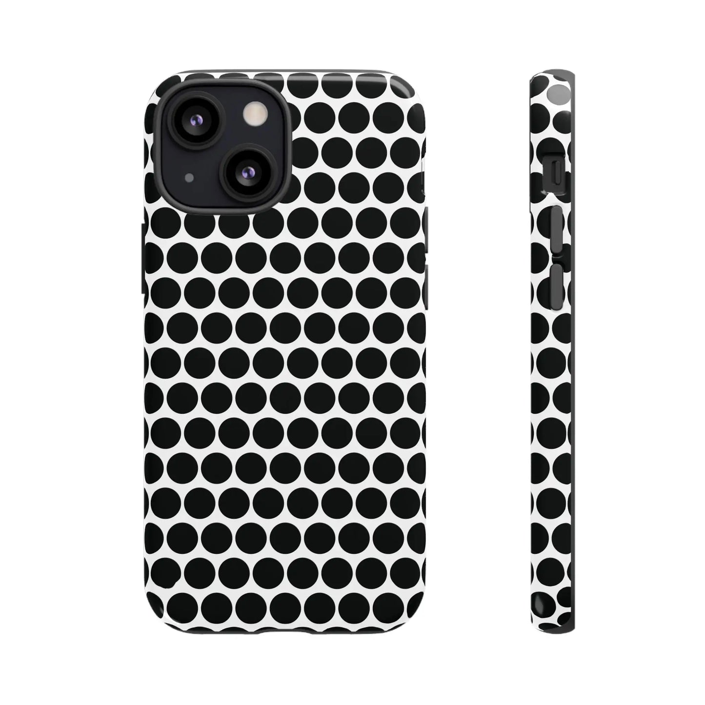 Black and white dot pattern tough phone case with sleek modern design shown from the back for iphone samsung google