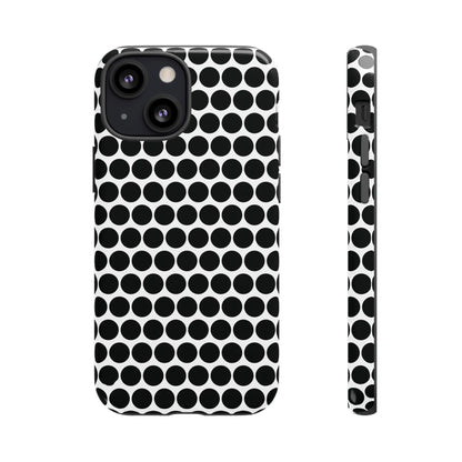 Black and white dot pattern tough phone case with sleek modern design shown from the back for iphone samsung google