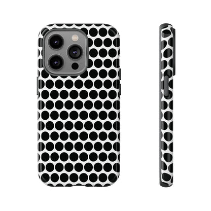 Black white dot pattern tough phone case with glossy finish shown from the back for iphone samsung google