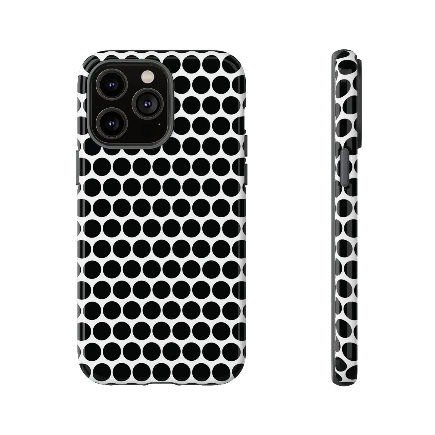 Black white dot pattern tough phone case with sleek modern design shown from the back for iphone samsung google