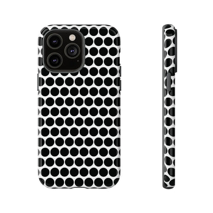 Black white dot pattern tough phone case with sleek modern design shown from the back for iphone samsung google