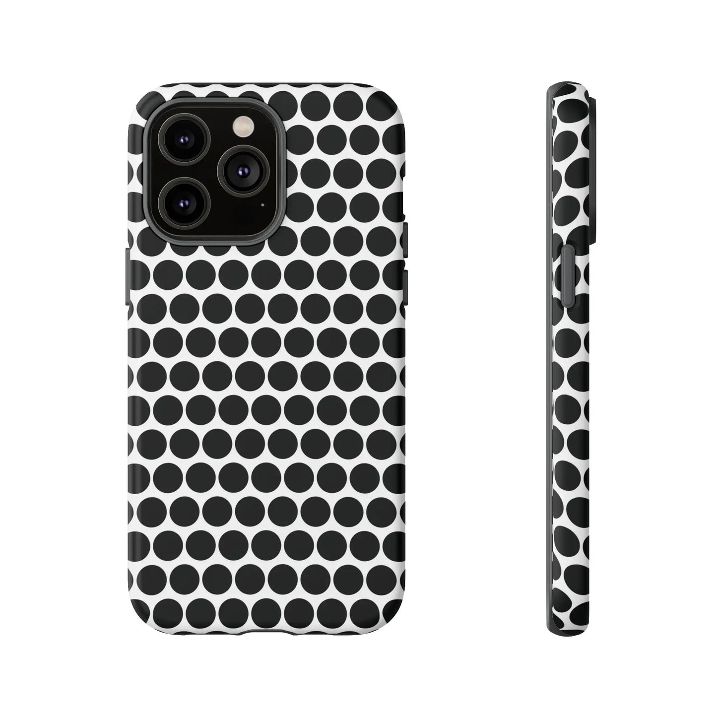 Black and white dot pattern tough phone case with sleek modern design shown from the back for iphone samsung google