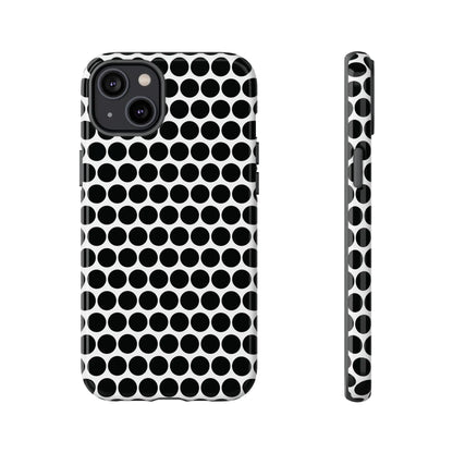 Back side of a black white dot pattern tough phone case with a sleek modern design for iphone samsung google