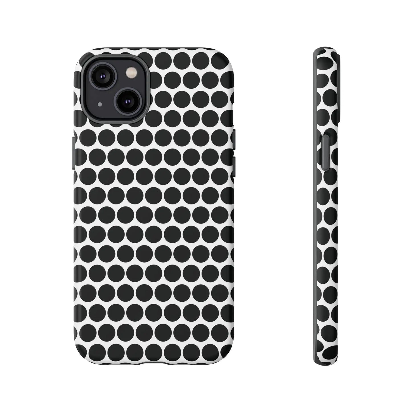 Black white dot pattern tough phone case showing back side with sleek modern design for iphone samsung google