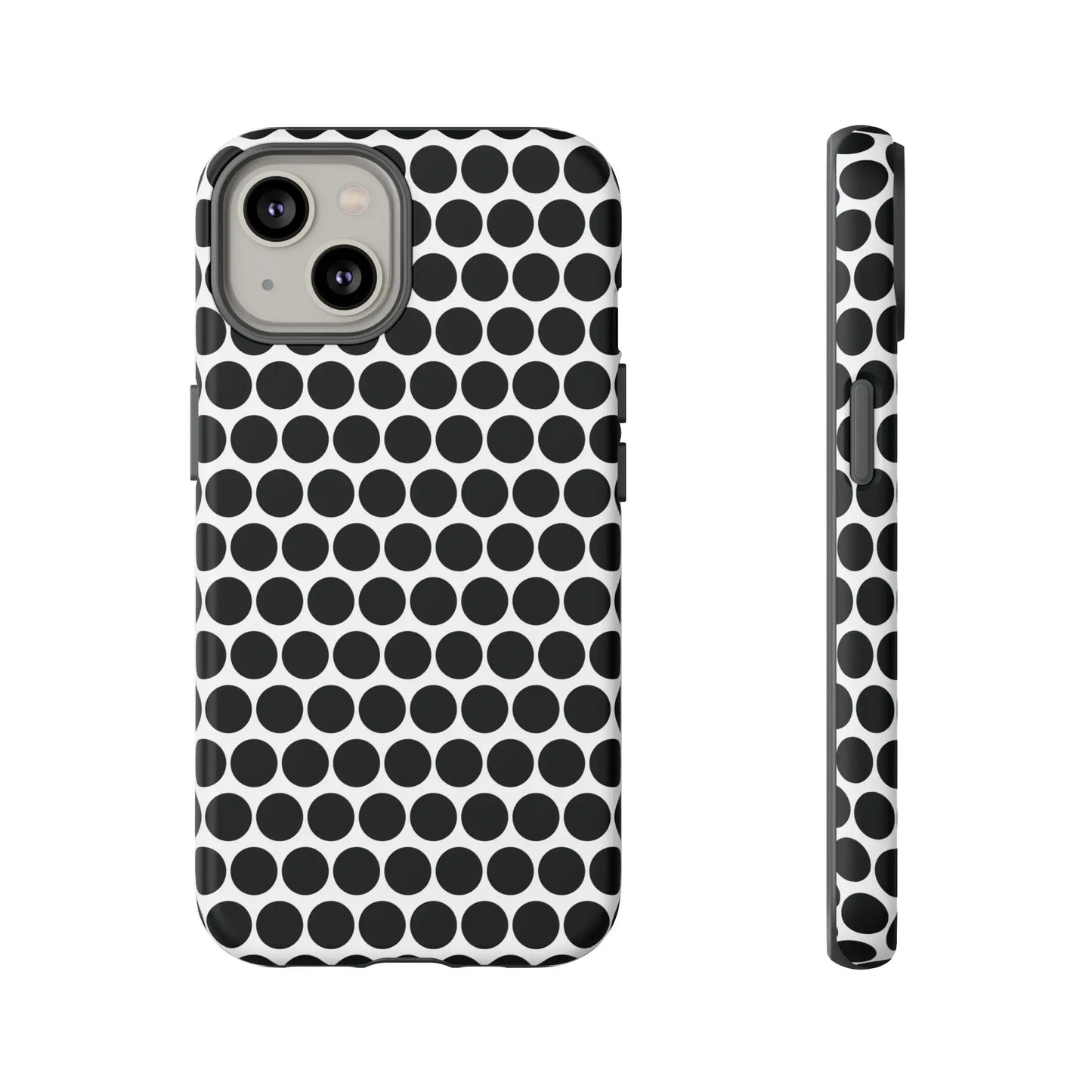 Black white dot pattern tough phone case for iPhone Samsung Google showing back with sleek protective design