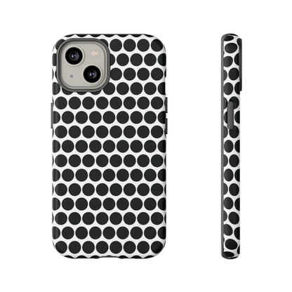 Black white dot pattern tough phone case for iPhone Samsung Google showing back with sleek protective design