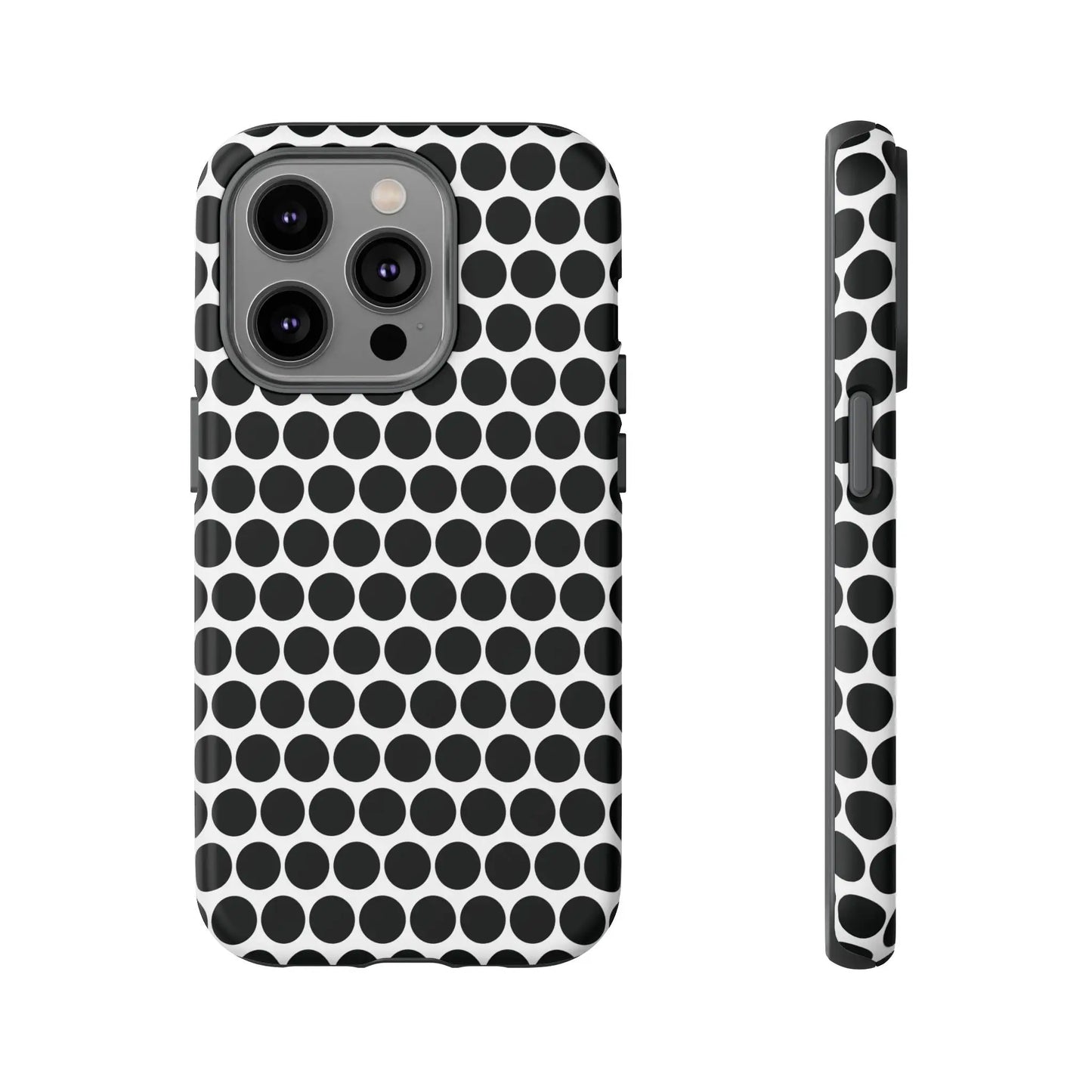 Black white dot pattern tough phone case with sleek modern design shown from the back for iphone samsung google