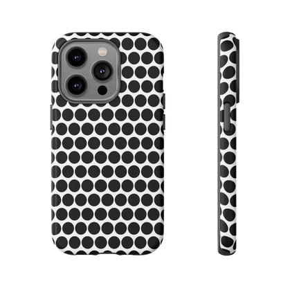 Black white dot pattern tough phone case with sleek modern design shown from the back for iphone samsung google