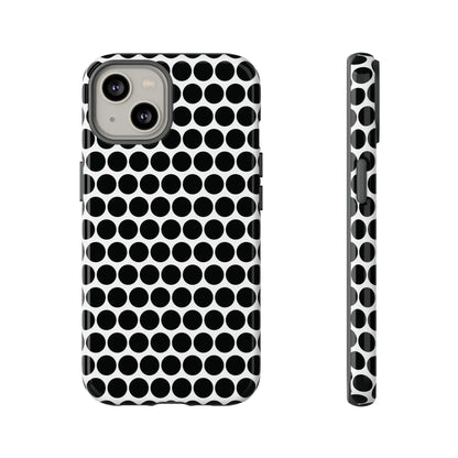 Back side of a black white dot pattern tough phone case with a glossy finish for iphone samsung and google phones