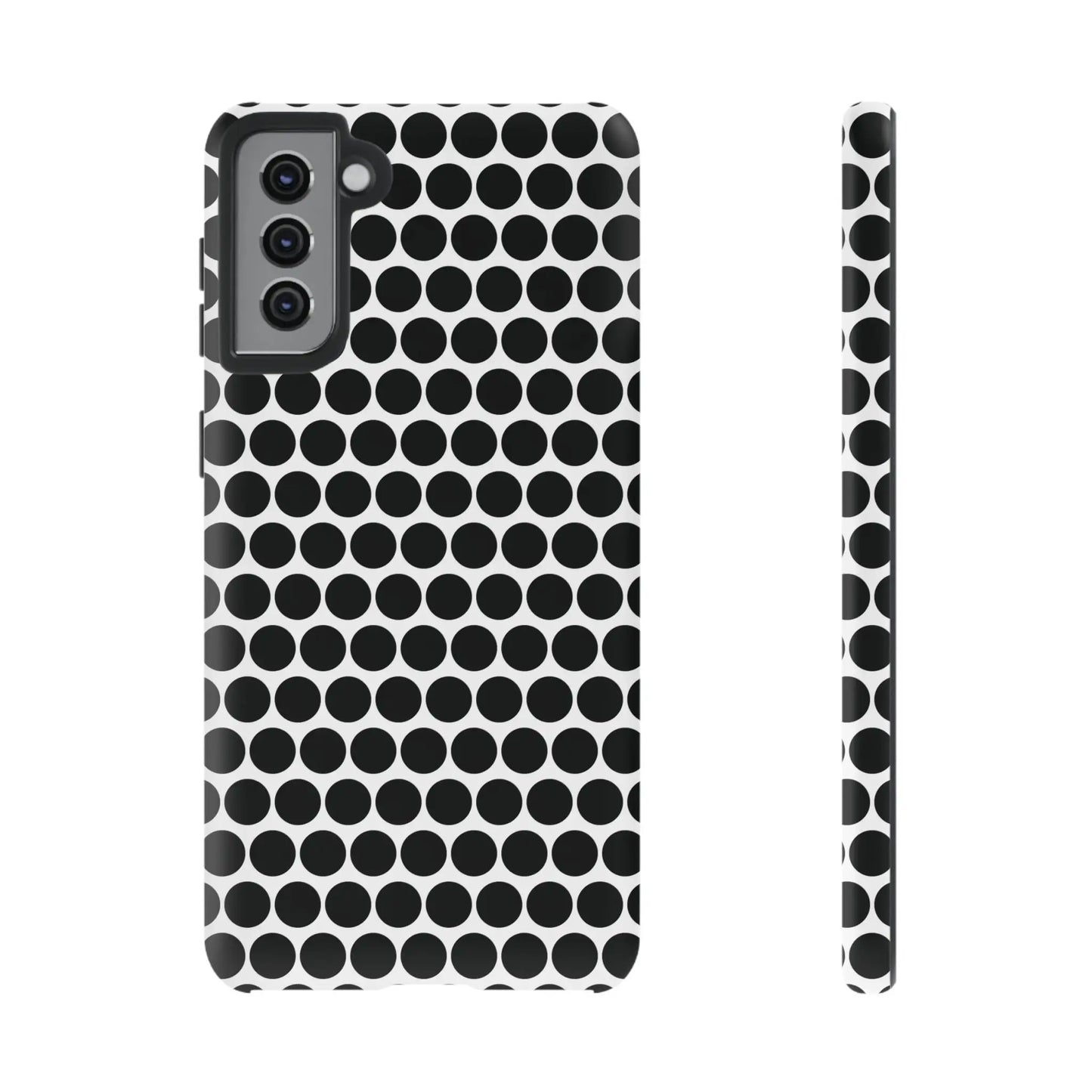 Black and white dot pattern tough phone case for samsung galaxy s21 showing the back side design