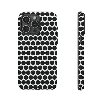 Black white dot pattern tough phone case with sleek modern design shown from the back for iphone samsung google