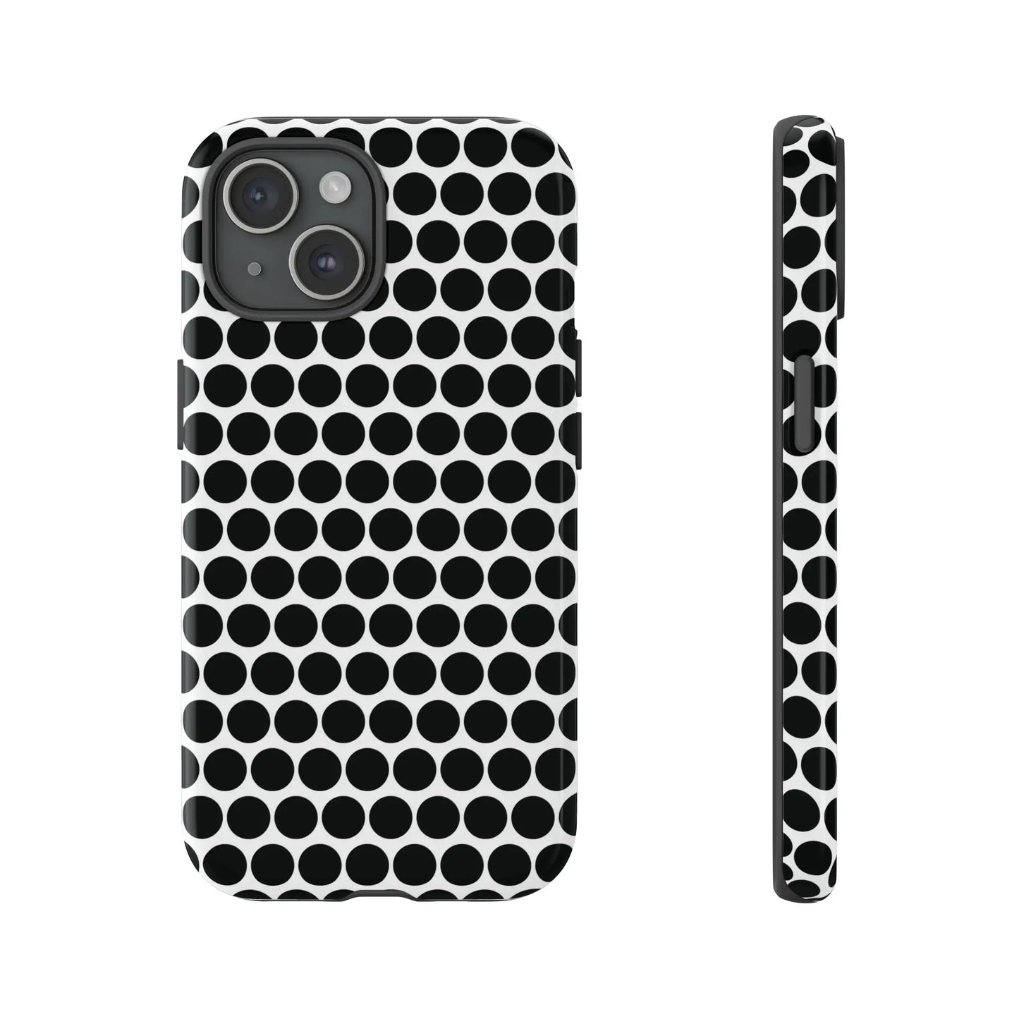 Black white dot pattern tough phone case with sleek modern design shown from the back for iphone samsung google
