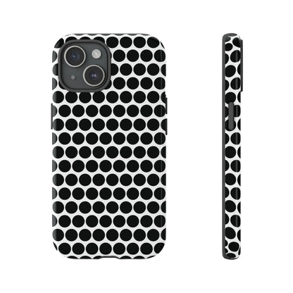 Black white dot pattern tough phone case with sleek modern design shown from the back for iphone samsung google
