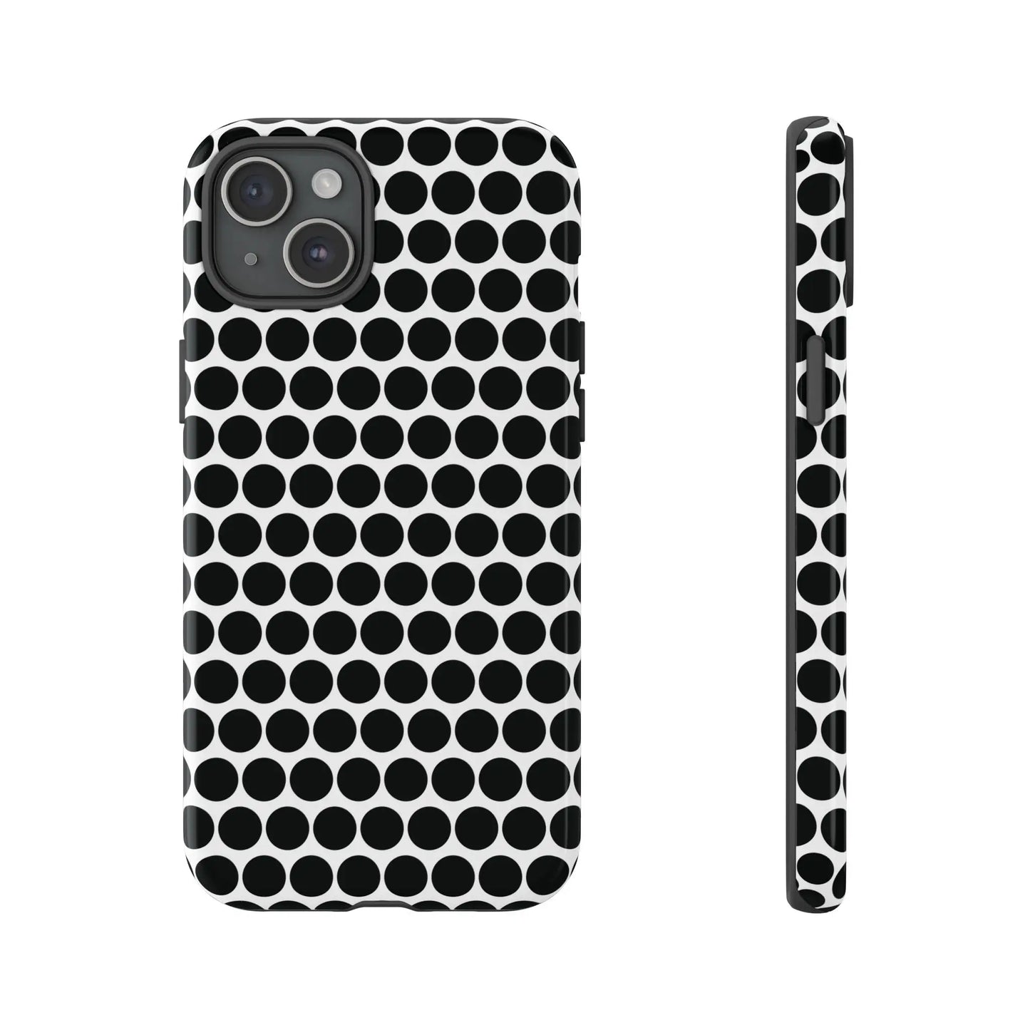 Black white dot tough phone case with sleek modern design and white dot pattern shown from back side