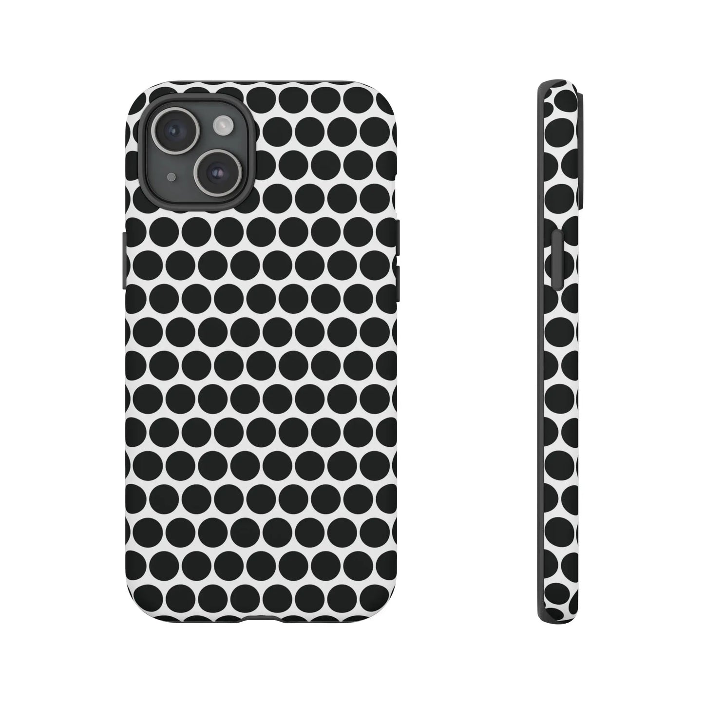 Black white dot pattern tough phone case with sleek modern design shown from the back for iphone samsung google